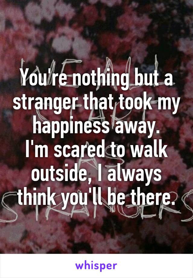 You're nothing but a stranger that took my happiness away.
I'm scared to walk outside, I always think you'll be there.