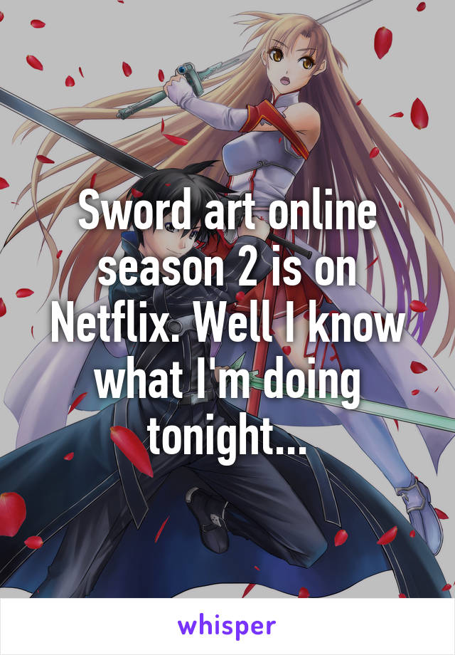 Sword art online season 2 is on Netflix. Well I know what I'm doing tonight...