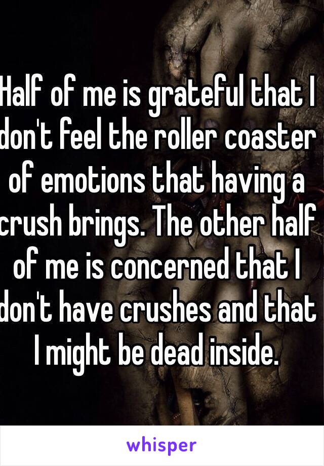 Half of me is grateful that I don't feel the roller coaster of emotions that having a crush brings. The other half of me is concerned that I don't have crushes and that I might be dead inside. 