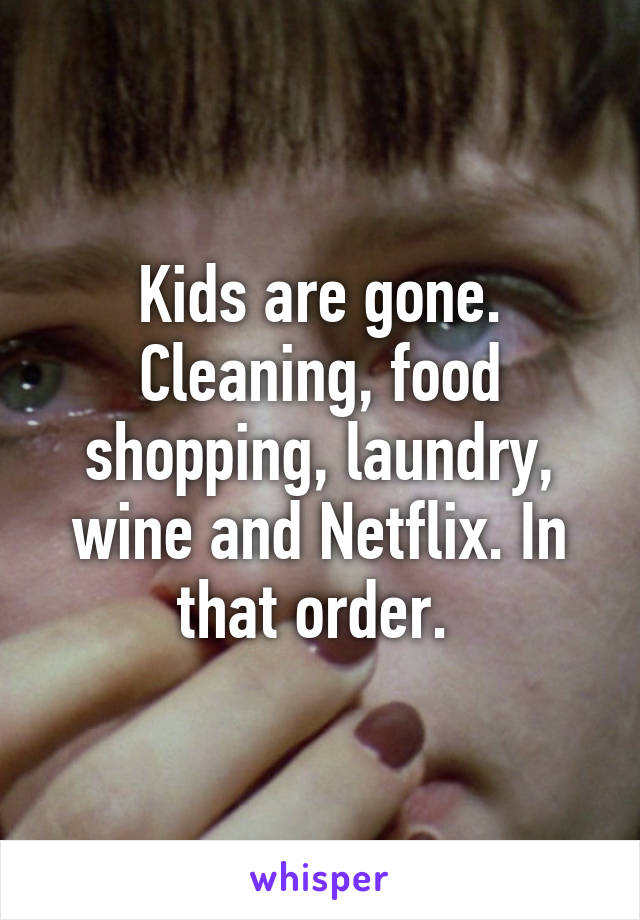 Kids are gone. Cleaning, food shopping, laundry, wine and Netflix. In that order. 