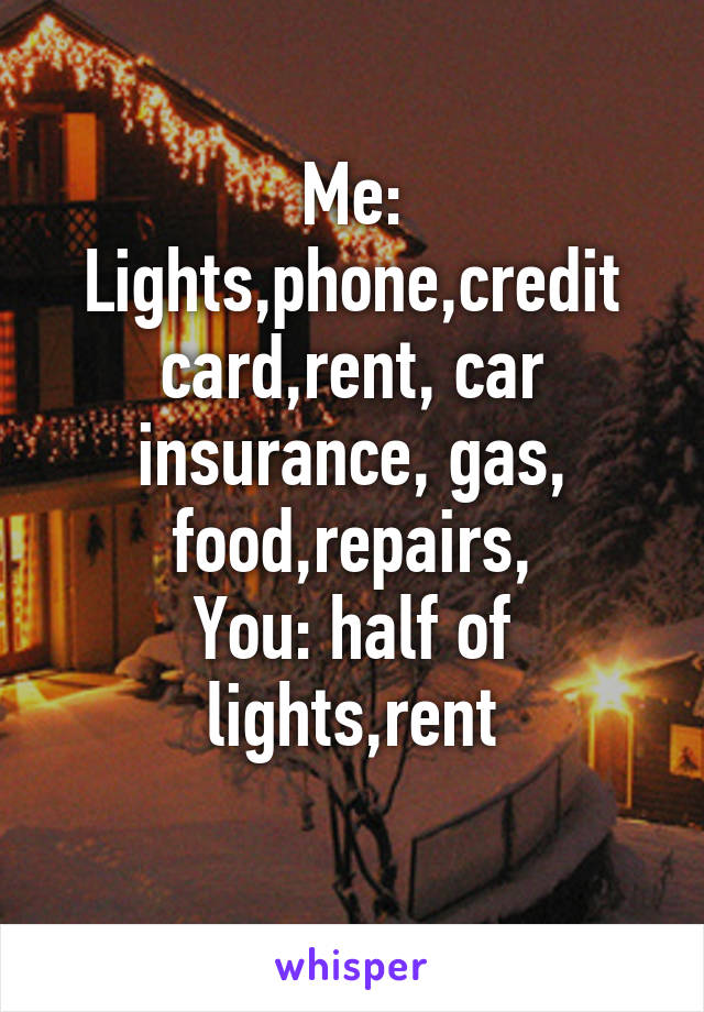 Me: Lights,phone,credit card,rent, car insurance, gas, food,repairs,
You: half of lights,rent
