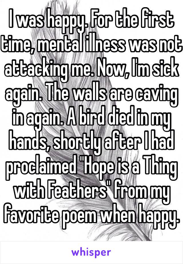 I was happy. For the first time, mental illness was not attacking me. Now, I'm sick again. The walls are caving in again. A bird died in my hands, shortly after I had proclaimed "Hope is a Thing with Feathers" from my favorite poem when happy.