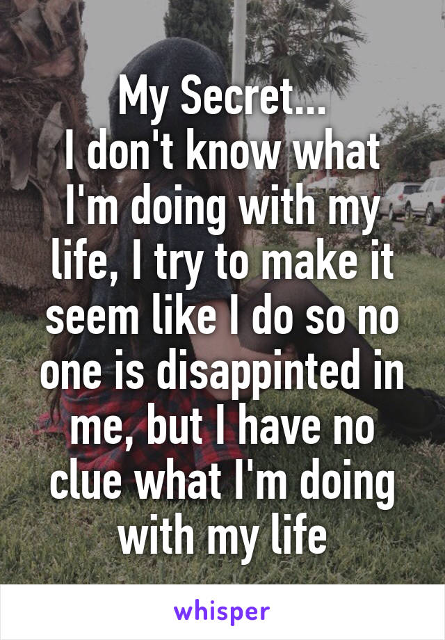 My Secret...
I don't know what I'm doing with my life, I try to make it seem like I do so no one is disappinted in me, but I have no clue what I'm doing with my life