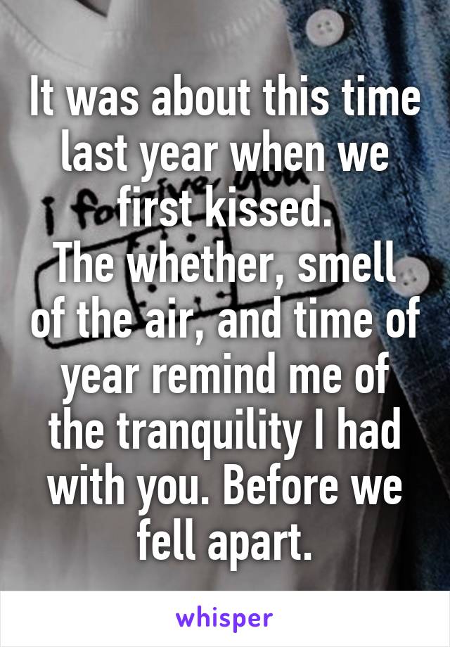 It was about this time last year when we first kissed.
The whether, smell of the air, and time of year remind me of the tranquility I had with you. Before we fell apart.