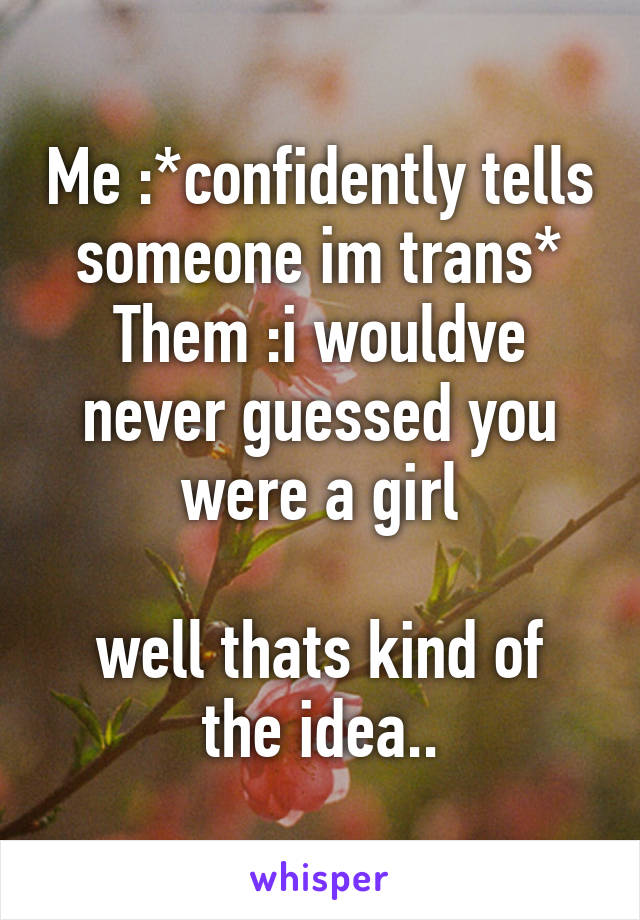 Me :*confidently tells someone im trans*
Them :i wouldve never guessed you were a girl

well thats kind of the idea..