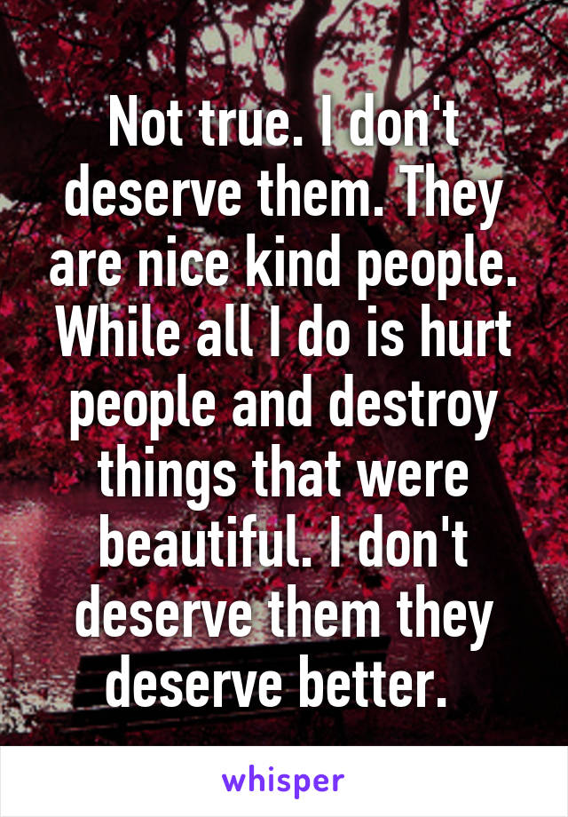 Not true. I don't deserve them. They are nice kind people. While all I do is hurt people and destroy things that were beautiful. I don't deserve them they deserve better. 