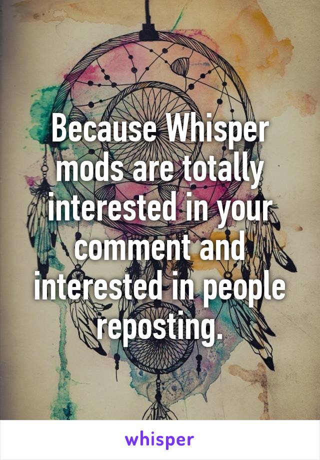 Because Whisper mods are totally interested in your comment and interested in people reposting.