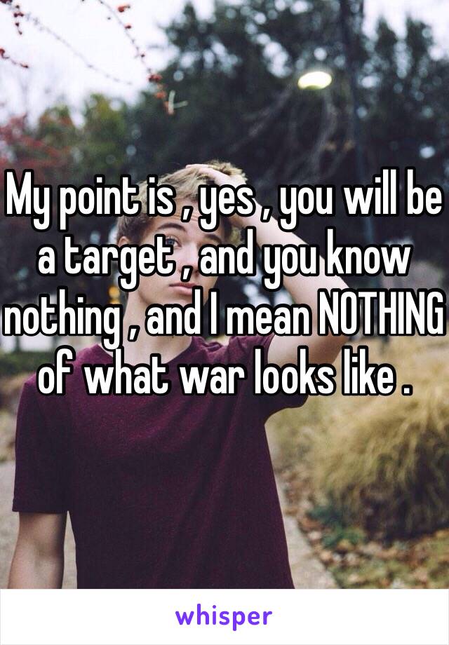 My point is , yes , you will be a target , and you know nothing , and I mean NOTHING of what war looks like .