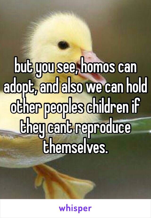 but you see, homos can adopt, and also we can hold other peoples children if they cant reproduce themselves. 