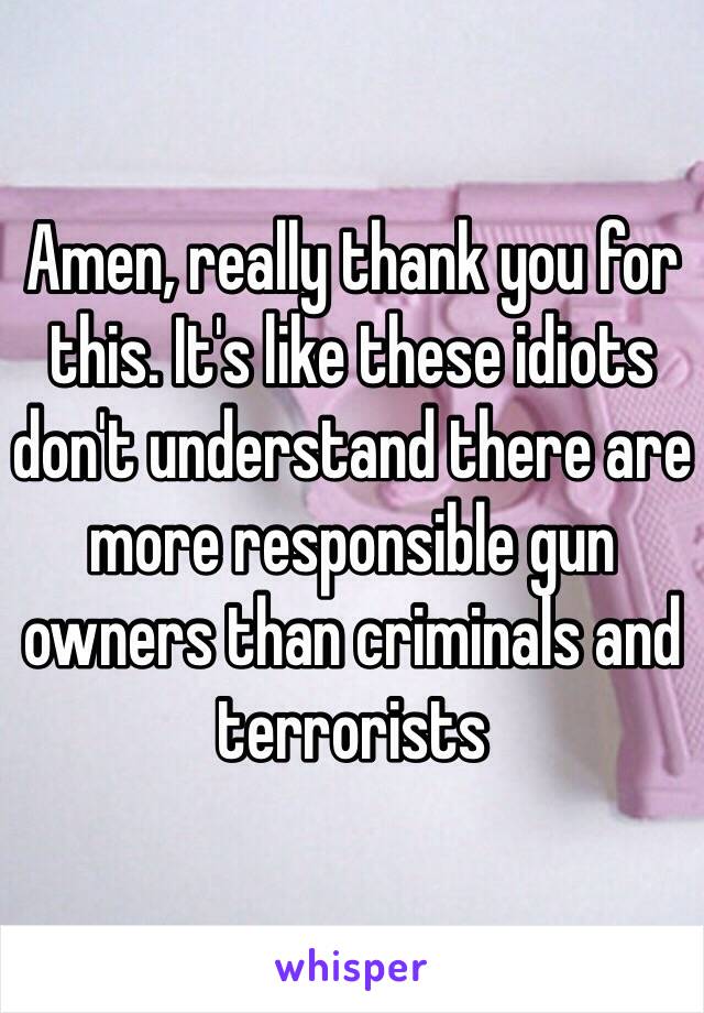 Amen, really thank you for this. It's like these idiots don't understand there are more responsible gun owners than criminals and terrorists 