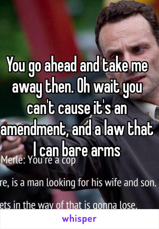 You go ahead and take me away then. Oh wait you can't cause it's an amendment, and a law that I can bare arms