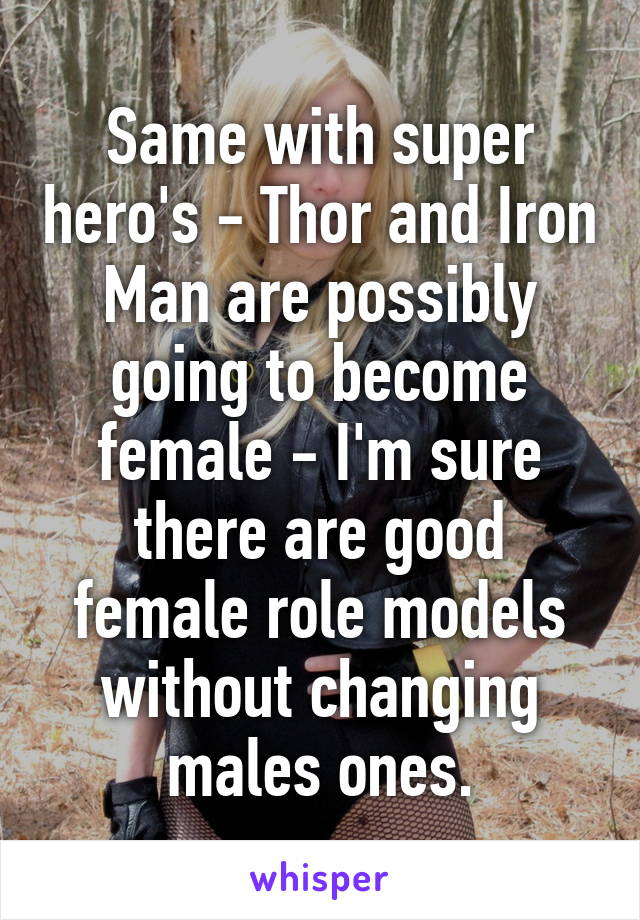 Same with super hero's - Thor and Iron Man are possibly going to become female - I'm sure there are good female role models without changing males ones.