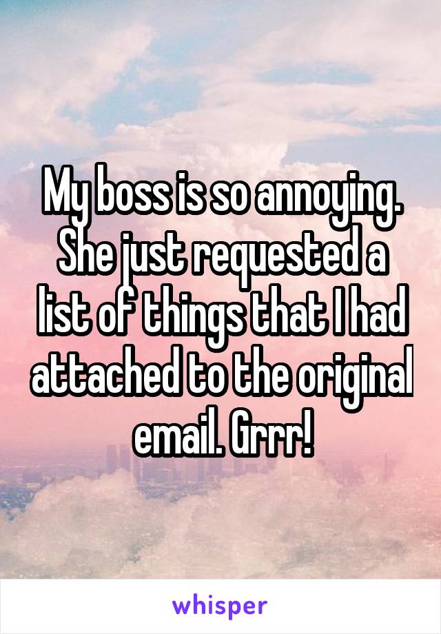 My boss is so annoying. She just requested a list of things that I had attached to the original email. Grrr!