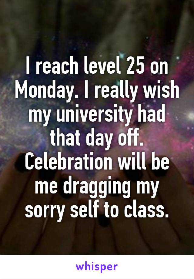 I reach level 25 on Monday. I really wish my university had that day off. Celebration will be me dragging my sorry self to class.