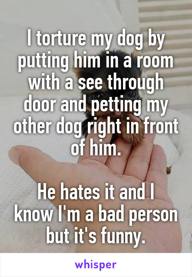 I torture my dog by putting him in a room with a see through door and petting my other dog right in front of him.

He hates it and I know I'm a bad person but it's funny.