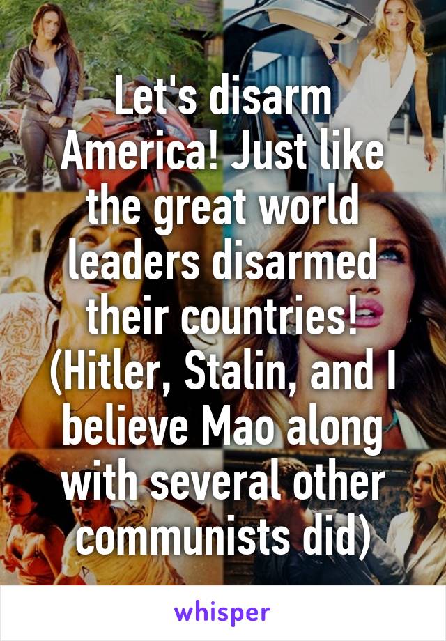 Let's disarm America! Just like the great world leaders disarmed their countries! (Hitler, Stalin, and I believe Mao along with several other communists did)