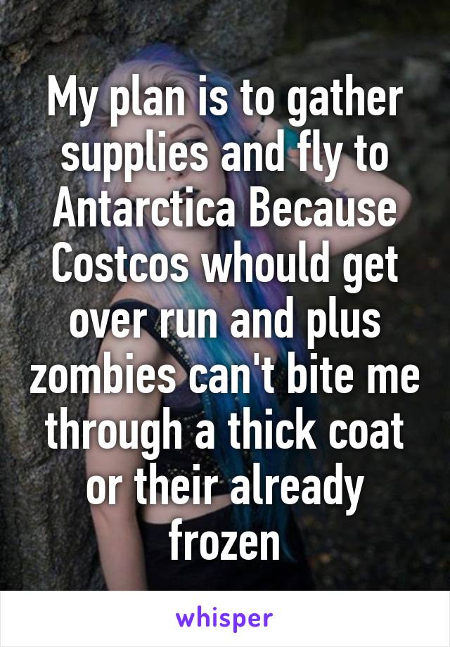 My plan is to gather supplies and fly to Antarctica Because Costcos whould get over run and plus zombies can't bite me through a thick coat or their already frozen