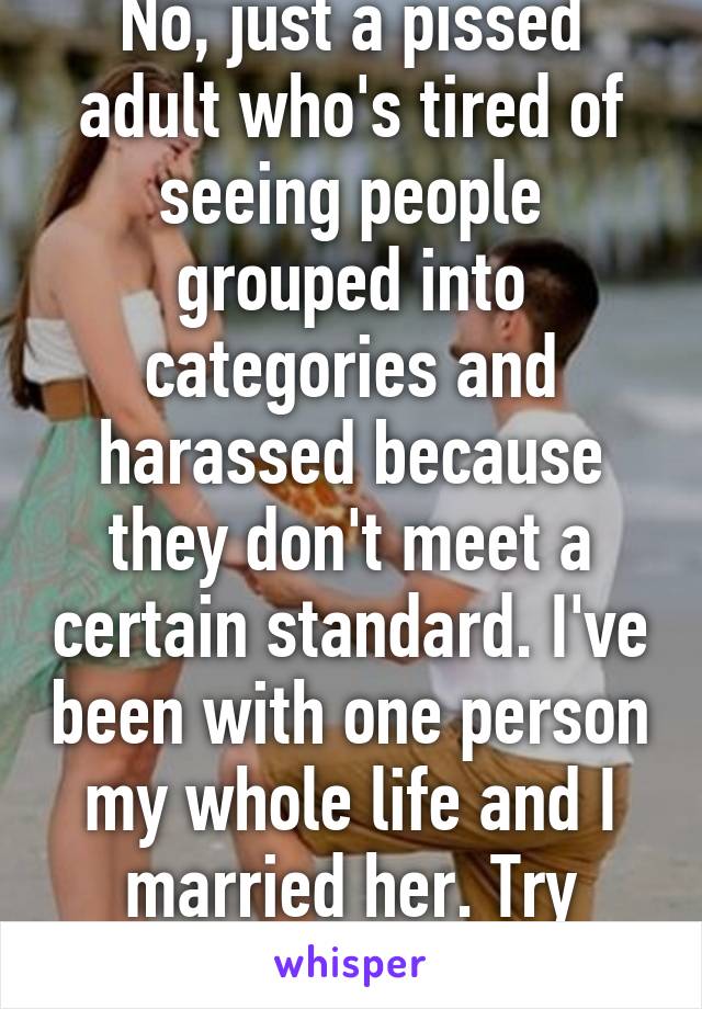 No, just a pissed adult who's tired of seeing people grouped into categories and harassed because they don't meet a certain standard. I've been with one person my whole life and I married her. Try again kid.