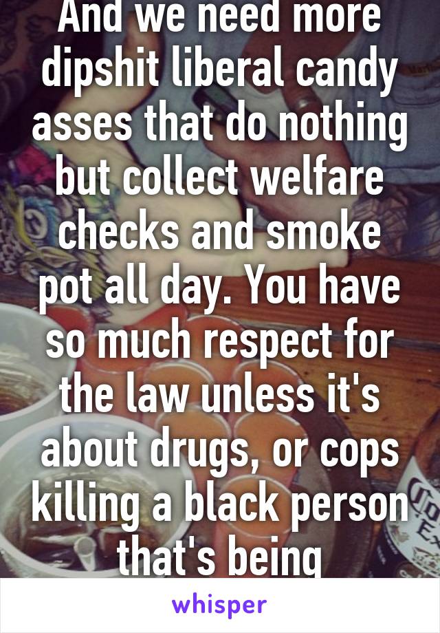 And we need more dipshit liberal candy asses that do nothing but collect welfare checks and smoke pot all day. You have so much respect for the law unless it's about drugs, or cops killing a black person that's being aggressive.