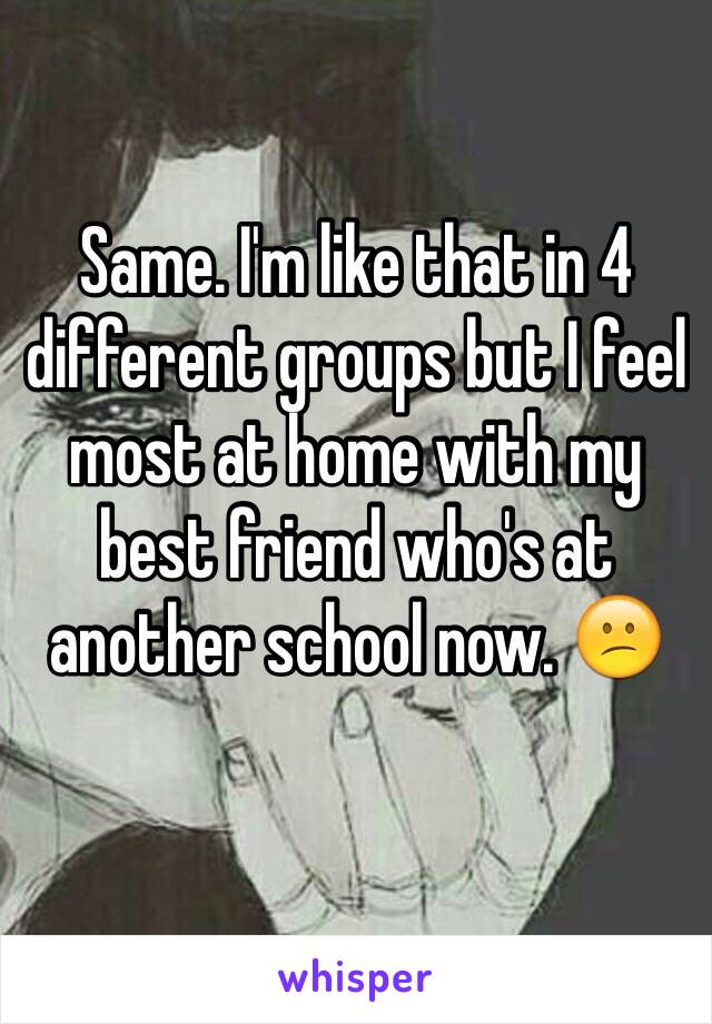 Same. I'm like that in 4 different groups but I feel most at home with my best friend who's at another school now. 😕
