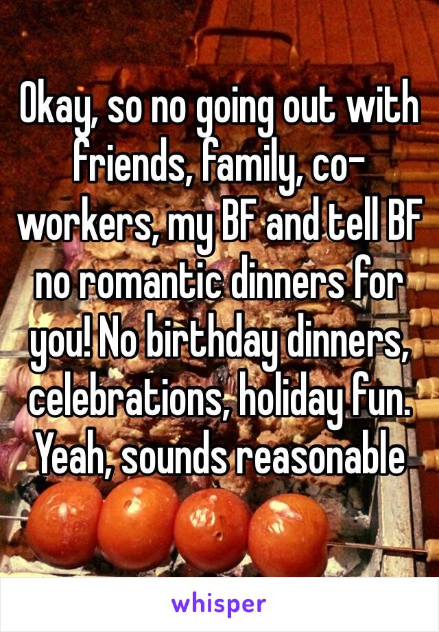 Okay, so no going out with friends, family, co-workers, my BF and tell BF no romantic dinners for you! No birthday dinners, celebrations, holiday fun. Yeah, sounds reasonable 
