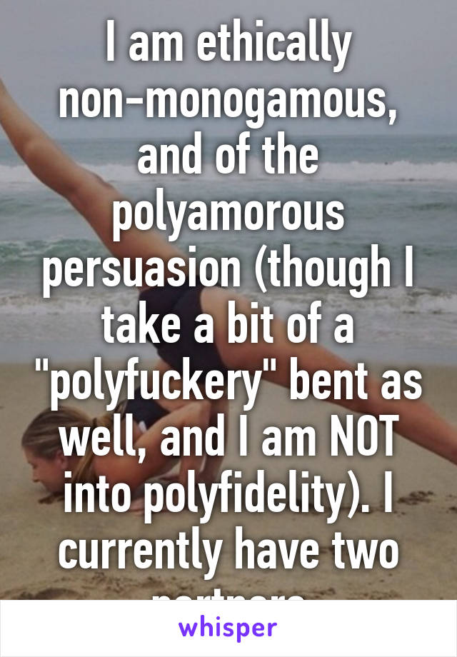 I am ethically non-monogamous, and of the polyamorous persuasion (though I take a bit of a "polyfuckery" bent as well, and I am NOT into polyfidelity). I currently have two partners