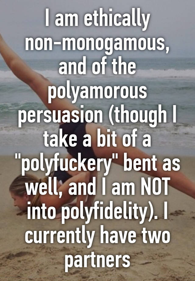 I am ethically non-monogamous, and of the polyamorous persuasion (though I take a bit of a "polyfuckery" bent as well, and I am NOT into polyfidelity). I currently have two partners