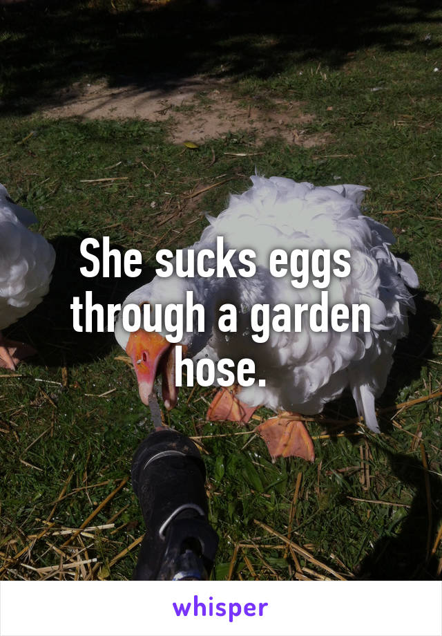 She sucks eggs 
through a garden hose.