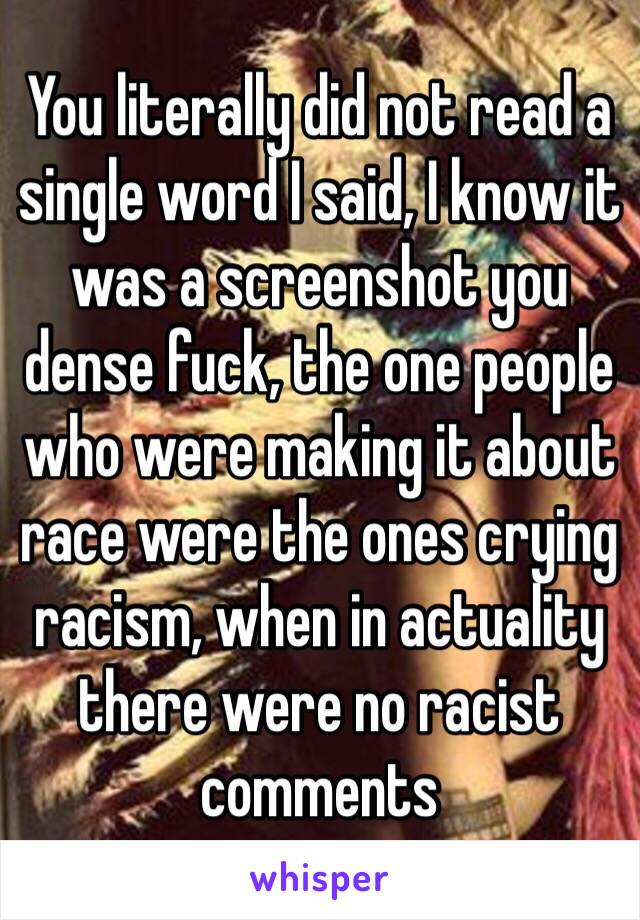 You literally did not read a single word I said, I know it was a screenshot you dense fuck, the one people who were making it about race were the ones crying racism, when in actuality there were no racist comments 