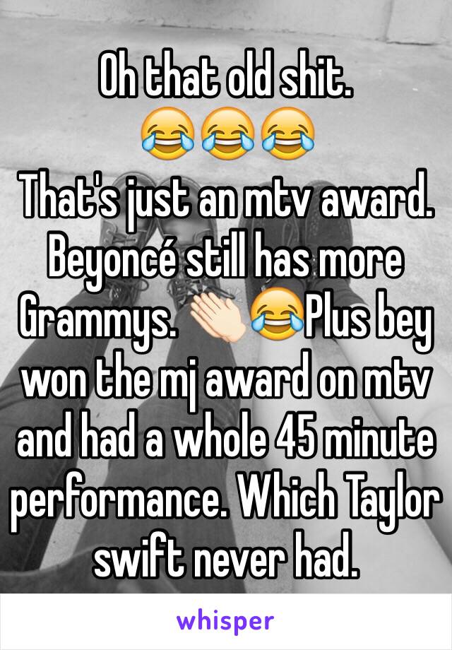 Oh that old shit.
😂😂😂
That's just an mtv award.
Beyoncé still has more Grammys. 👏🏻😂Plus bey won the mj award on mtv and had a whole 45 minute performance. Which Taylor swift never had. 