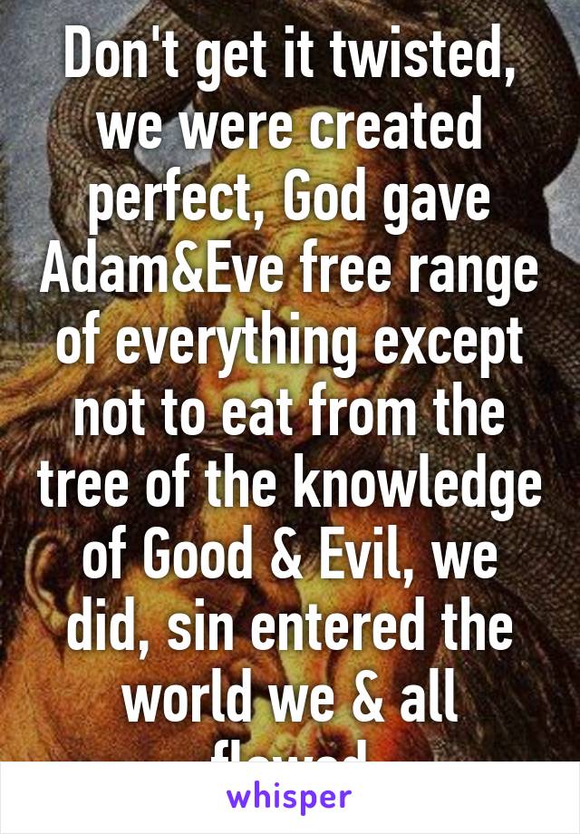 Don't get it twisted, we were created perfect, God gave Adam&Eve free range of everything except not to eat from the tree of the knowledge of Good & Evil, we did, sin entered the world we & all flawed