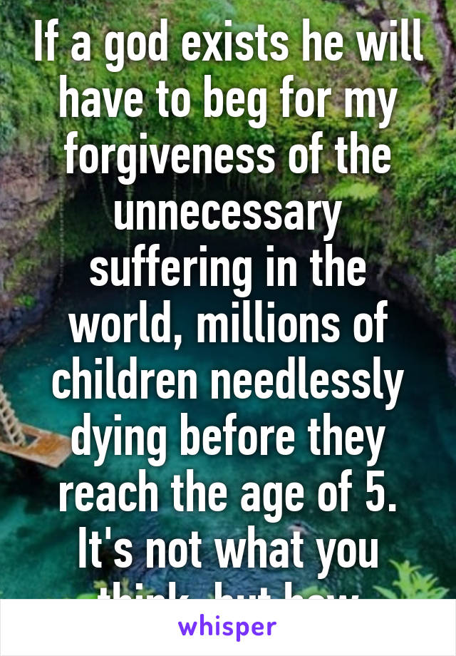 If a god exists he will have to beg for my forgiveness of the unnecessary suffering in the world, millions of children needlessly dying before they reach the age of 5. It's not what you think, but how