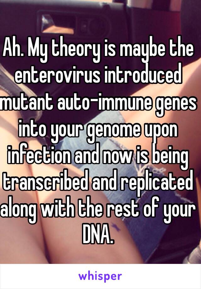 Ah. My theory is maybe the enterovirus introduced mutant auto-immune genes into your genome upon infection and now is being transcribed and replicated along with the rest of your DNA. 