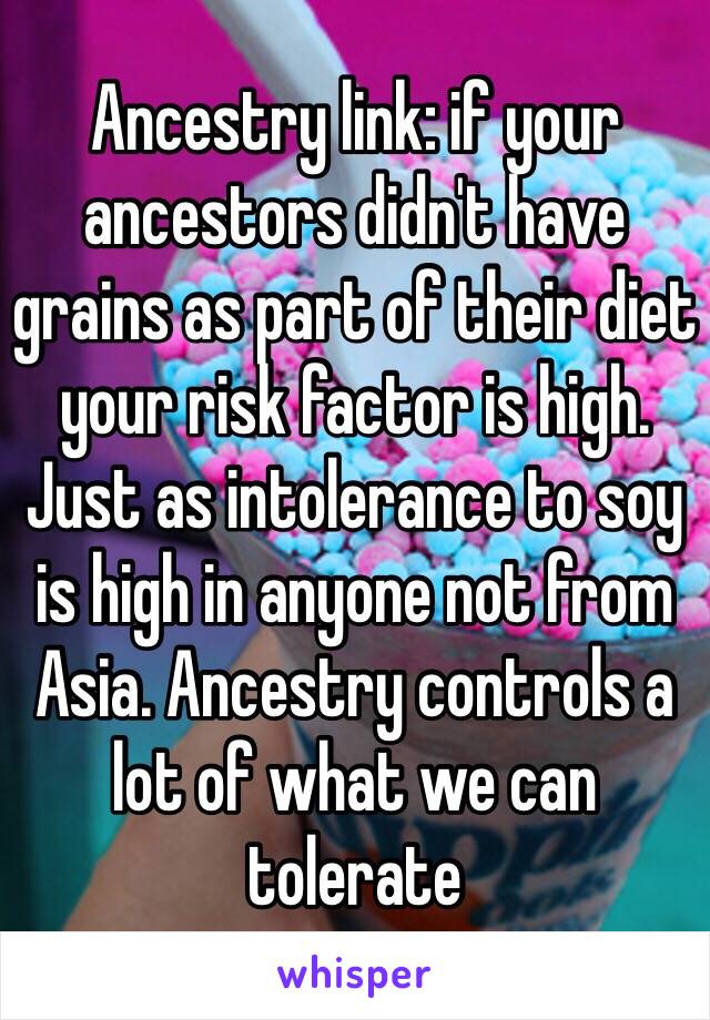 Ancestry link: if your ancestors didn't have grains as part of their diet your risk factor is high. Just as intolerance to soy is high in anyone not from Asia. Ancestry controls a lot of what we can tolerate 