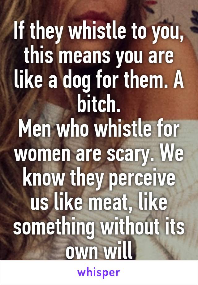 If they whistle to you, this means you are like a dog for them. A bitch.
Men who whistle for women are scary. We know they perceive us like meat, like something without its own will