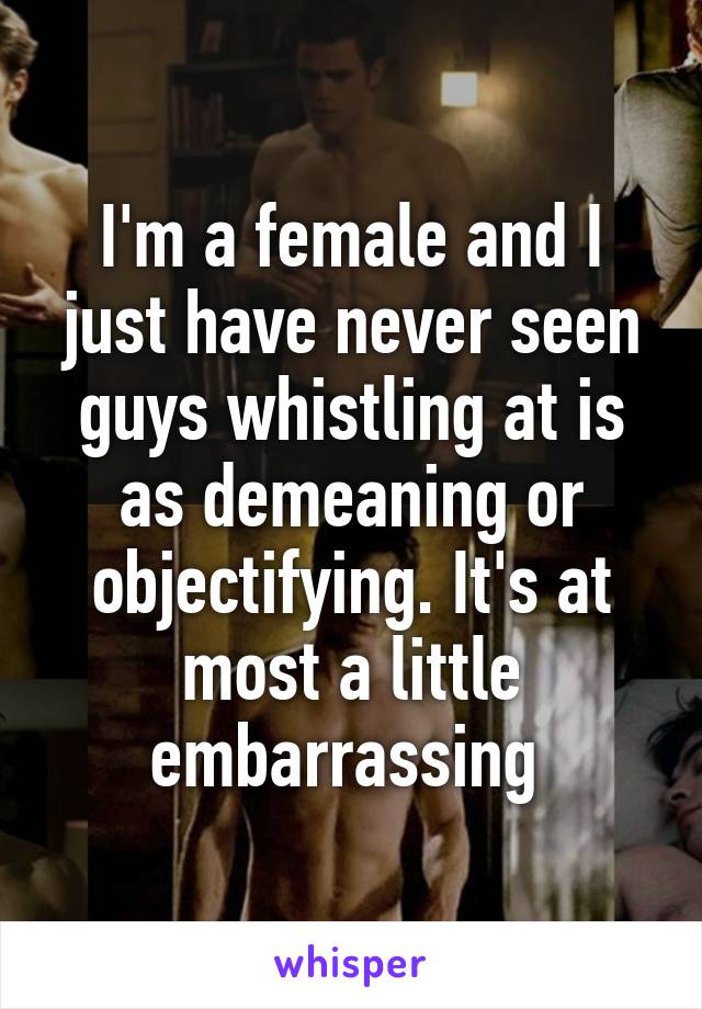 I'm a female and I just have never seen guys whistling at is as demeaning or objectifying. It's at most a little embarrassing 