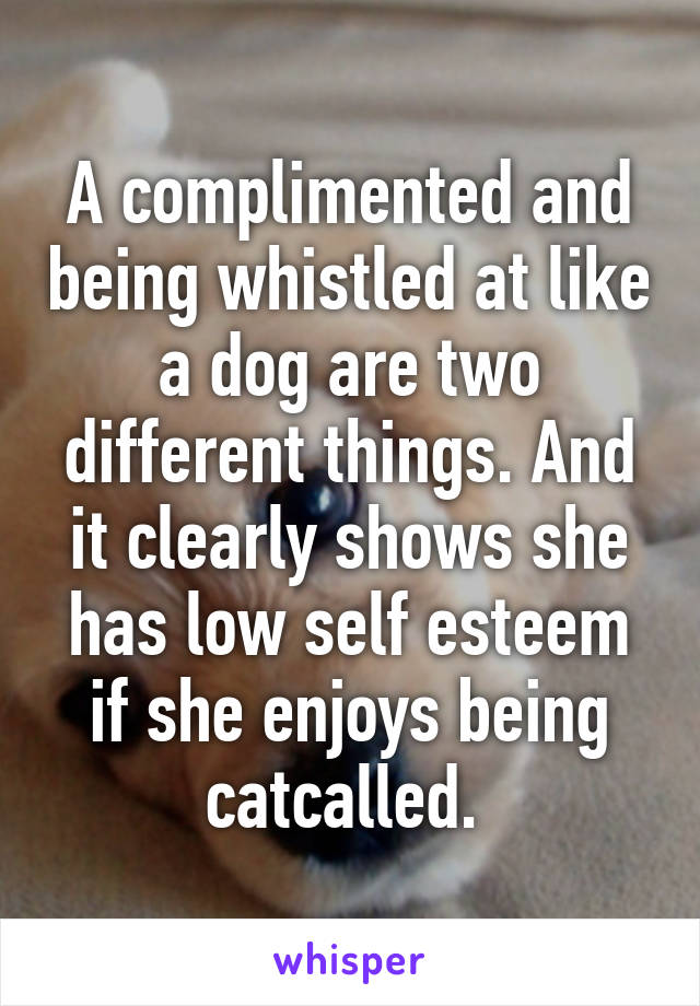 A complimented and being whistled at like a dog are two different things. And it clearly shows she has low self esteem if she enjoys being catcalled. 