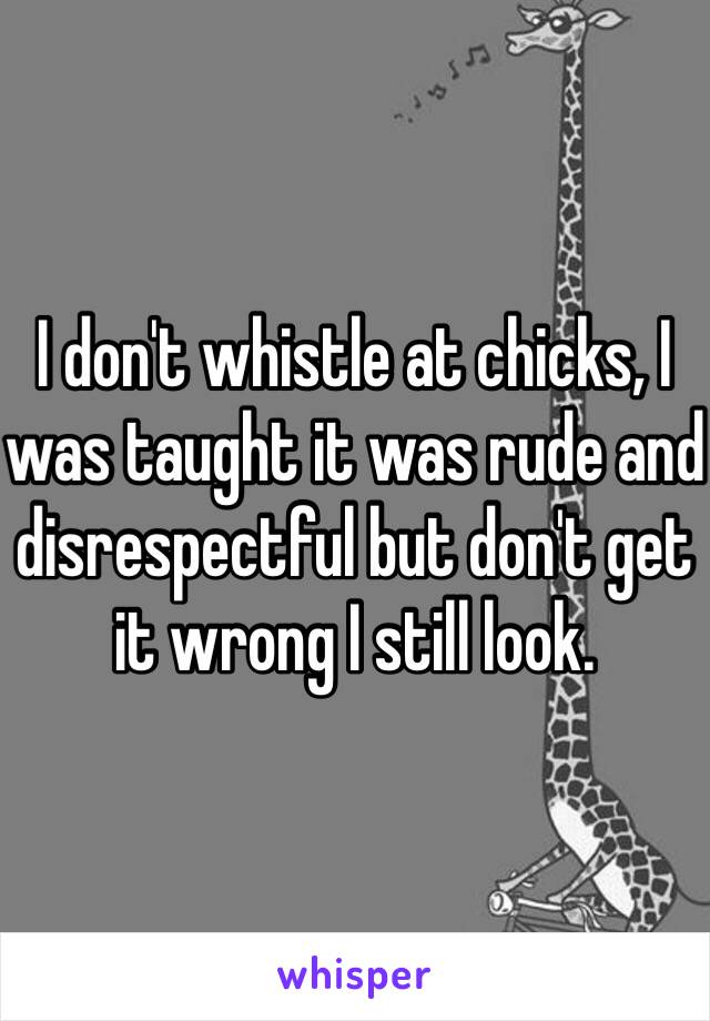 I don't whistle at chicks, I was taught it was rude and disrespectful but don't get it wrong I still look. 