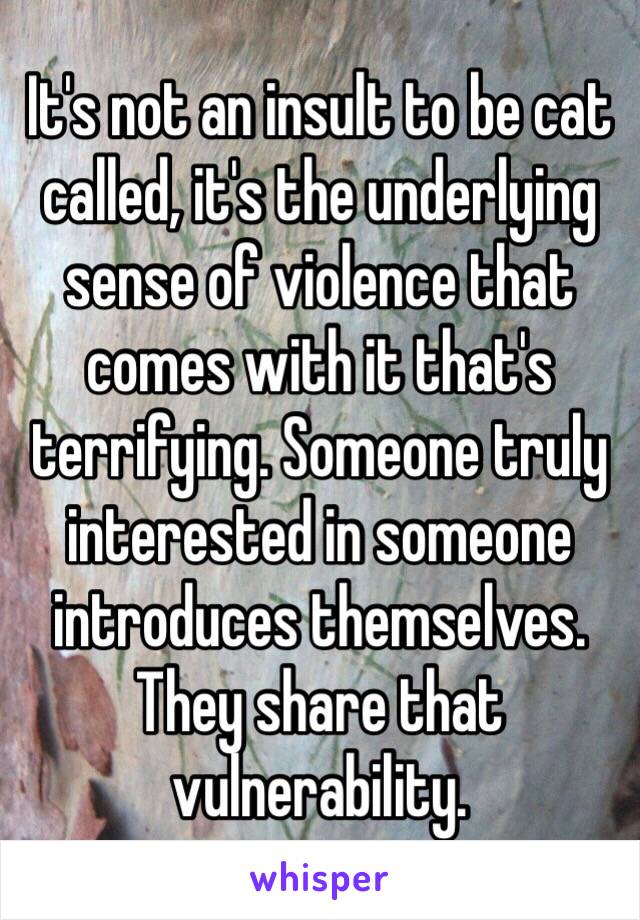 It's not an insult to be cat called, it's the underlying sense of violence that comes with it that's terrifying. Someone truly interested in someone introduces themselves. They share that vulnerability. 