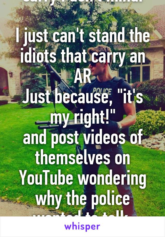 Open or concealed carry I don't mind.

I just can't stand the idiots that carry an AR
Just because, "it's my right!"
and post videos of themselves on YouTube wondering why the police wanted to talk.

