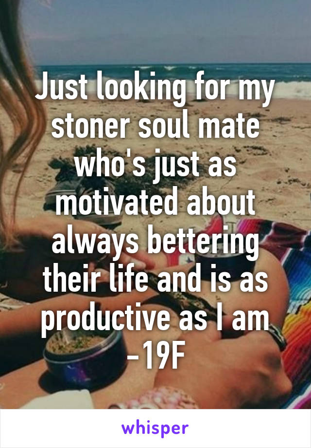 Just looking for my stoner soul mate who's just as motivated about always bettering their life and is as productive as I am -19F