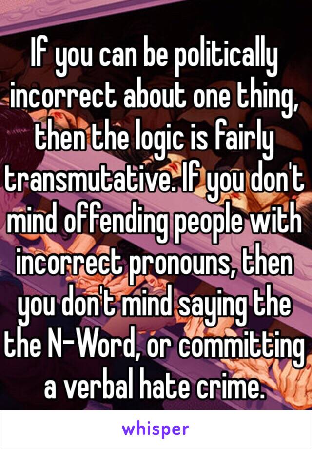 If you can be politically incorrect about one thing, then the logic is fairly transmutative. If you don't mind offending people with incorrect pronouns, then you don't mind saying the  the N-Word, or committing a verbal hate crime. 