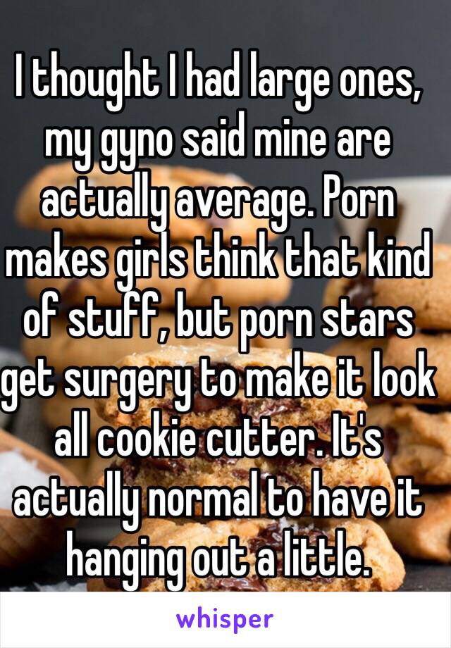 I thought I had large ones, my gyno said mine are actually average. Porn makes girls think that kind of stuff, but porn stars get surgery to make it look all cookie cutter. It's actually normal to have it hanging out a little. 