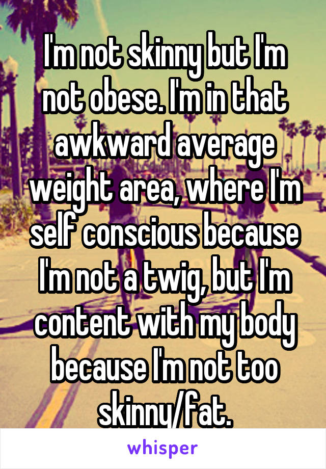 I'm not skinny but I'm not obese. I'm in that awkward average weight area, where I'm self conscious because I'm not a twig, but I'm content with my body because I'm not too skinny/fat.