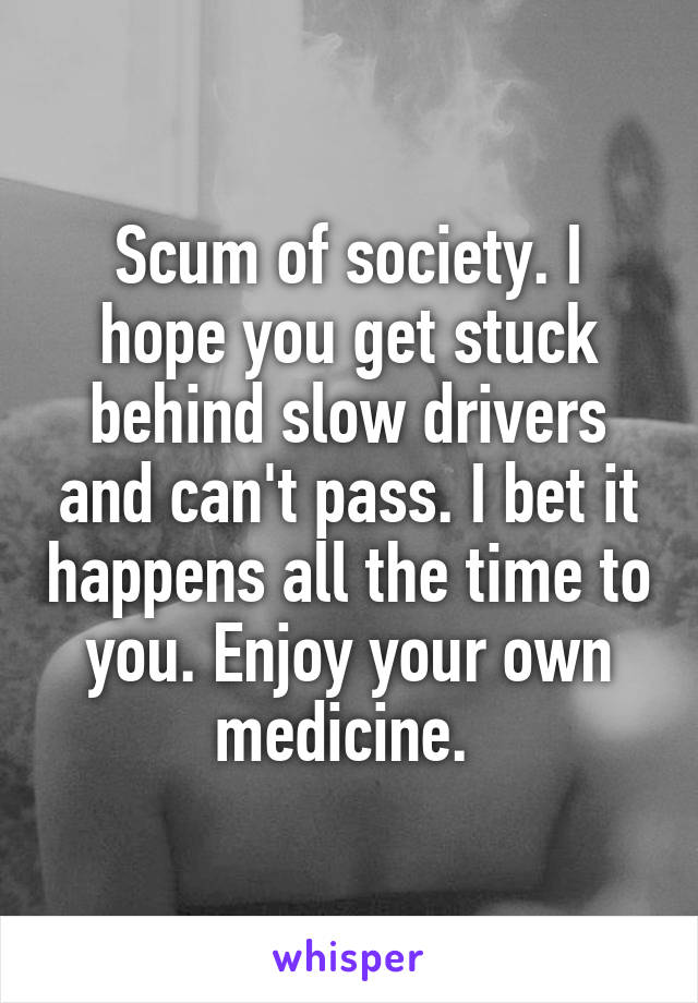 Scum of society. I hope you get stuck behind slow drivers and can't pass. I bet it happens all the time to you. Enjoy your own medicine. 
