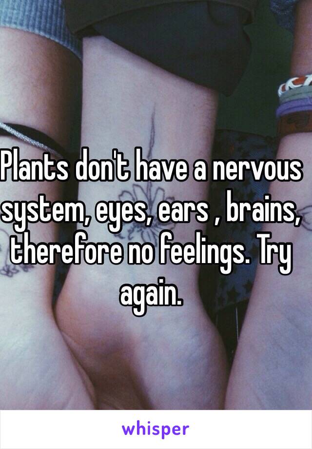Plants don't have a nervous system, eyes, ears , brains, therefore no feelings. Try again. 
