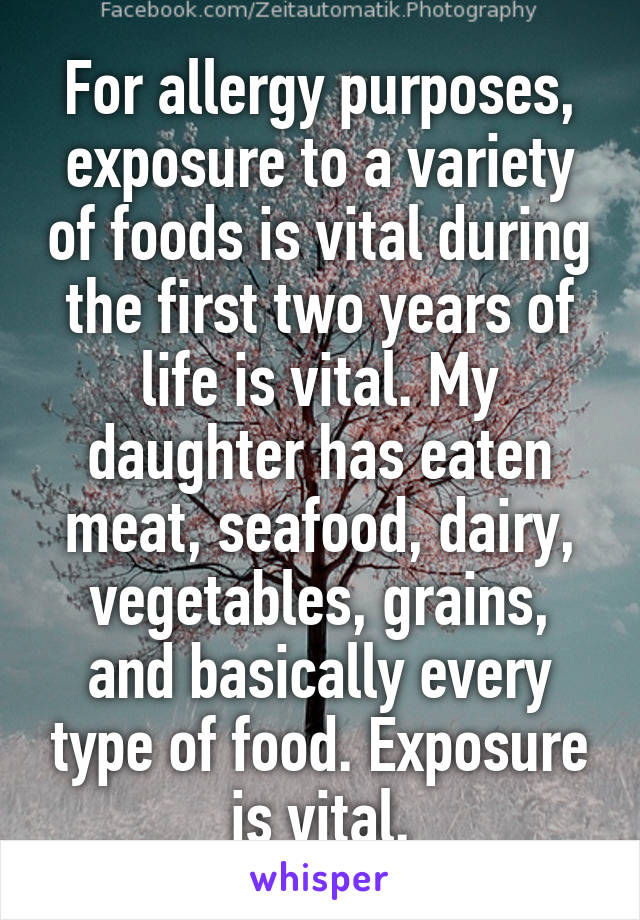 For allergy purposes, exposure to a variety of foods is vital during the first two years of life is vital. My daughter has eaten meat, seafood, dairy, vegetables, grains, and basically every type of food. Exposure is vital.