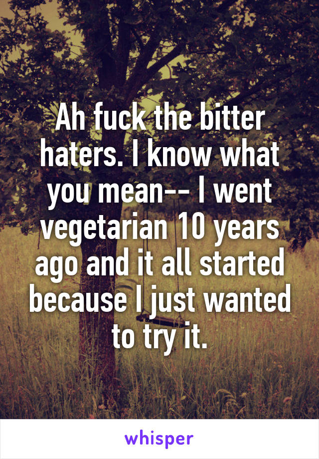 Ah fuck the bitter haters. I know what you mean-- I went vegetarian 10 years ago and it all started because I just wanted to try it.