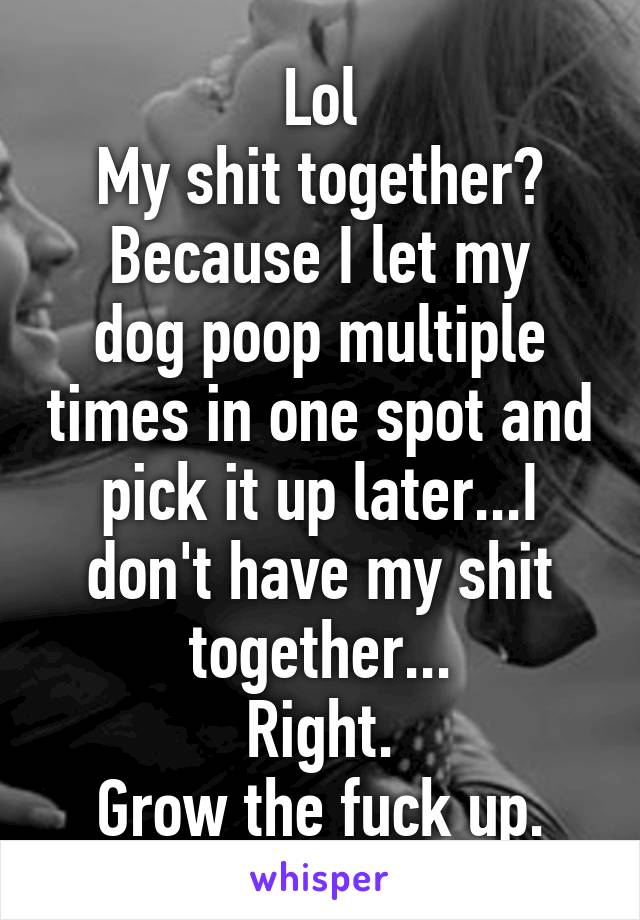 Lol
My shit together?
Because I let my dog poop multiple times in one spot and pick it up later...I don't have my shit together...
Right.
Grow the fuck up.
