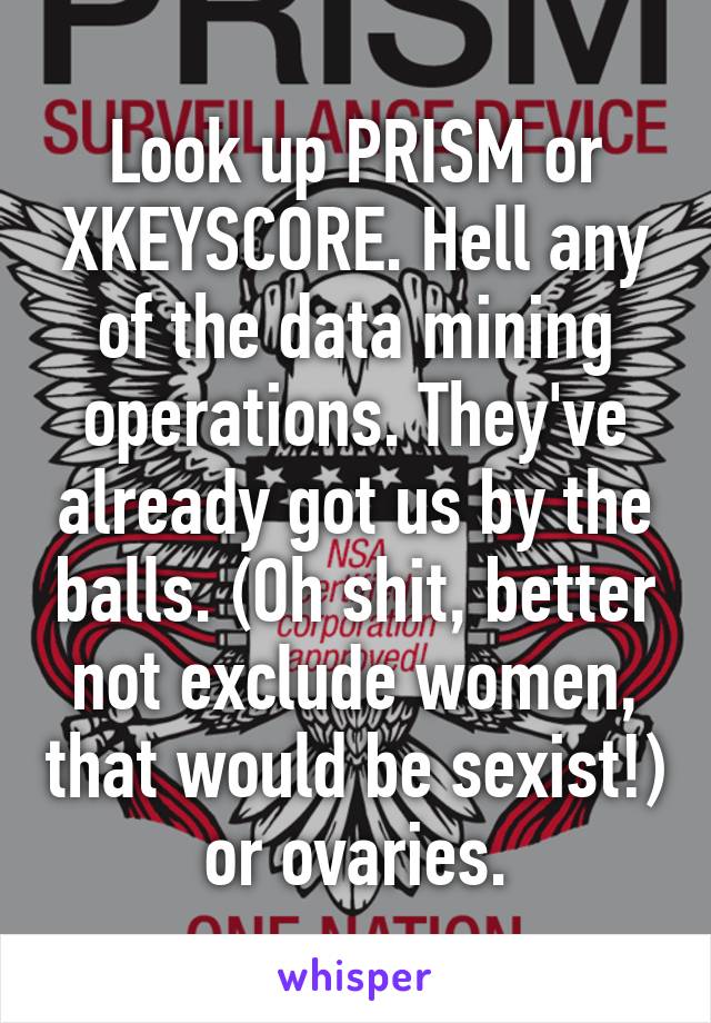 Look up PRISM or XKEYSCORE. Hell any of the data mining operations. They've already got us by the balls. (Oh shit, better not exclude women, that would be sexist!) or ovaries.